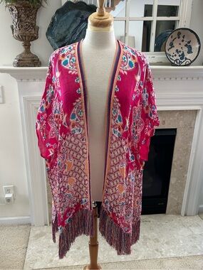 Chico's Pink multi Color Open Concept Fringed Kimono